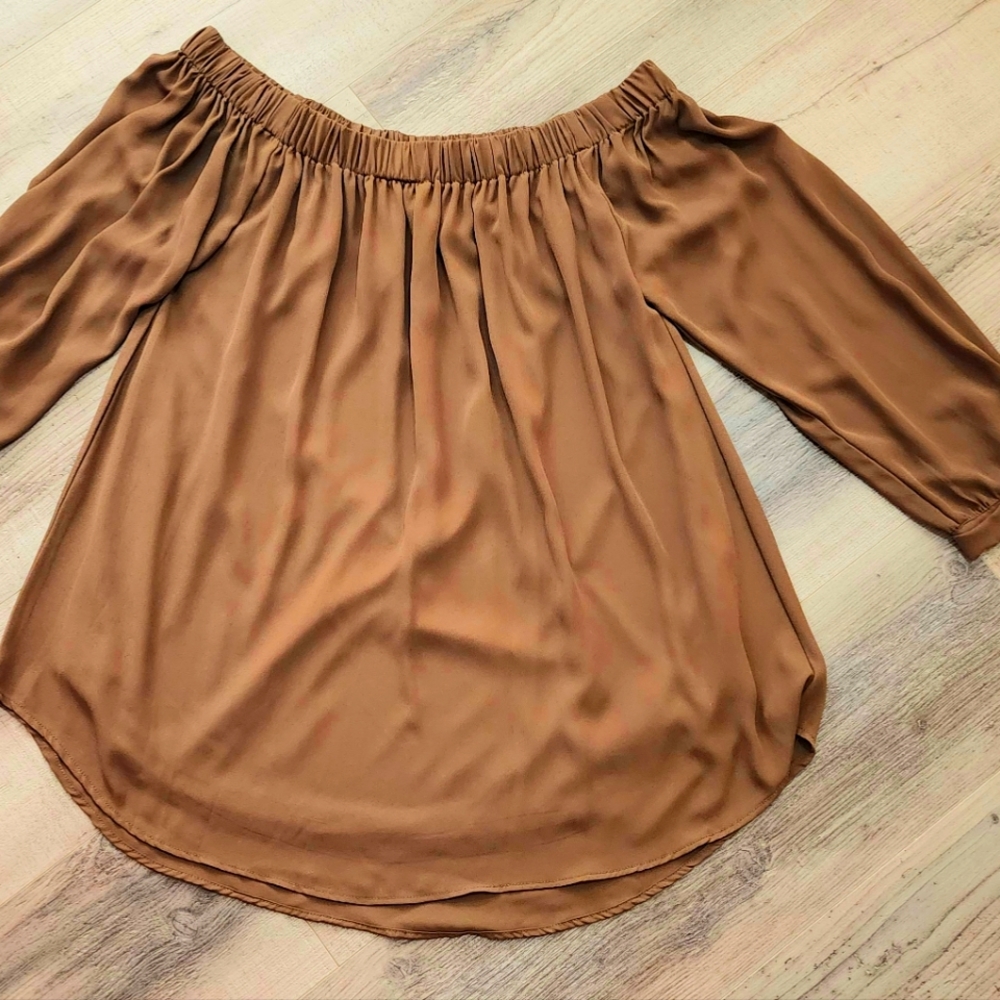 Ladies off the shoulder fully lined blouse in olive brown